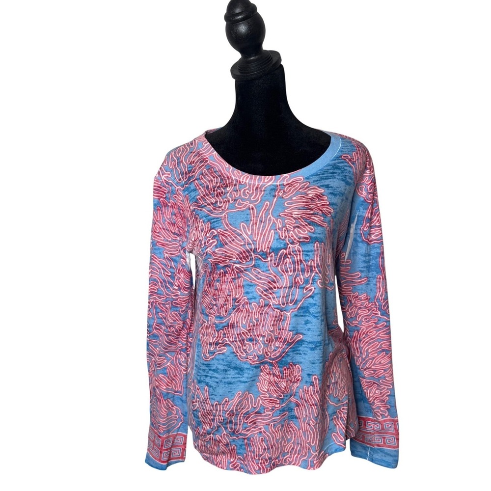 Before + Again Coral Reef Burnout Top Size S Blue Nautical Coastal Long Sleeve
